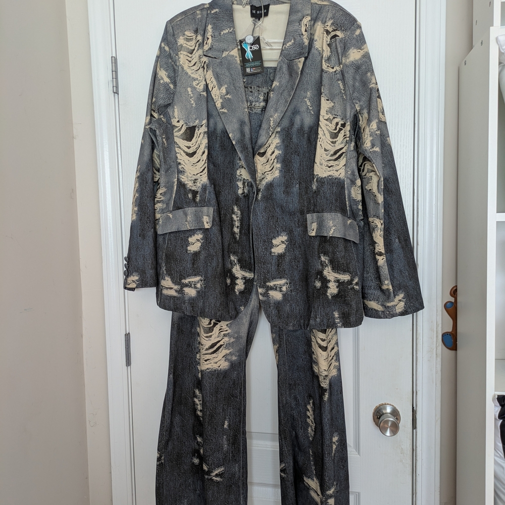 Distressed Denim and Cream Blazer and Pants Set